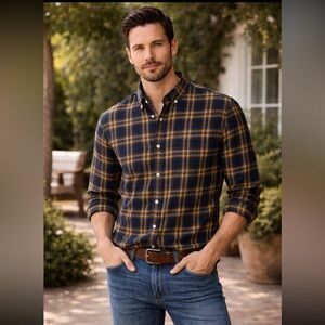 ASOS Navy Mustard Plaid Button-Down Shirt Cotton Stretch — Size M